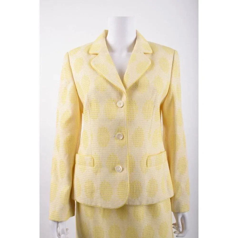 Louis Feraud Womens Blazer Skirt Suit Printed 2 Pc US 8 Yellow Wool Career